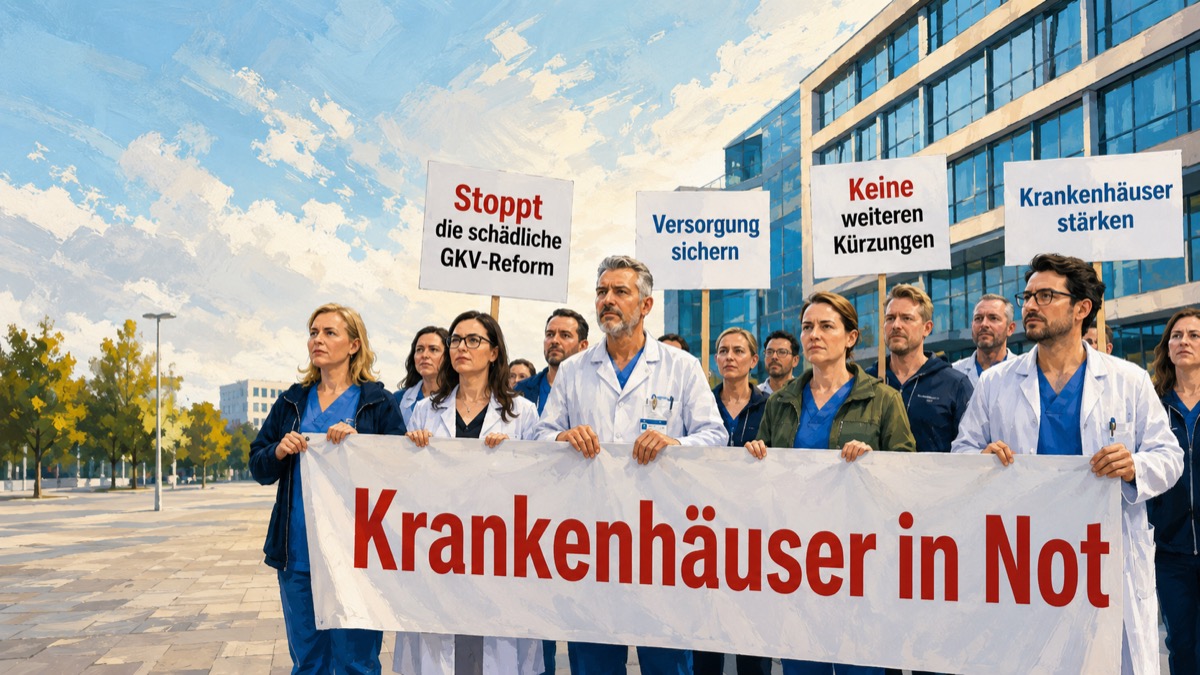 Krankenhauspersonal vor Klinik mit Protestschildern zur GKV-Reform